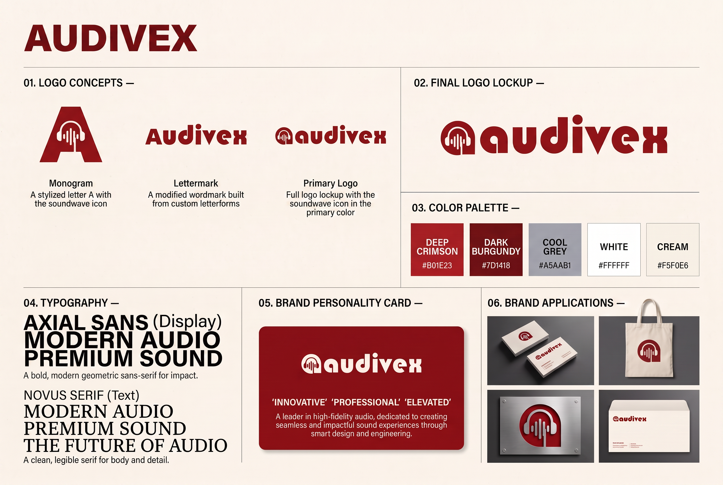 Brand board Audivex : concepts de logo, logo final, palette de couleurs, typographies, brand personality card et 4 mockups